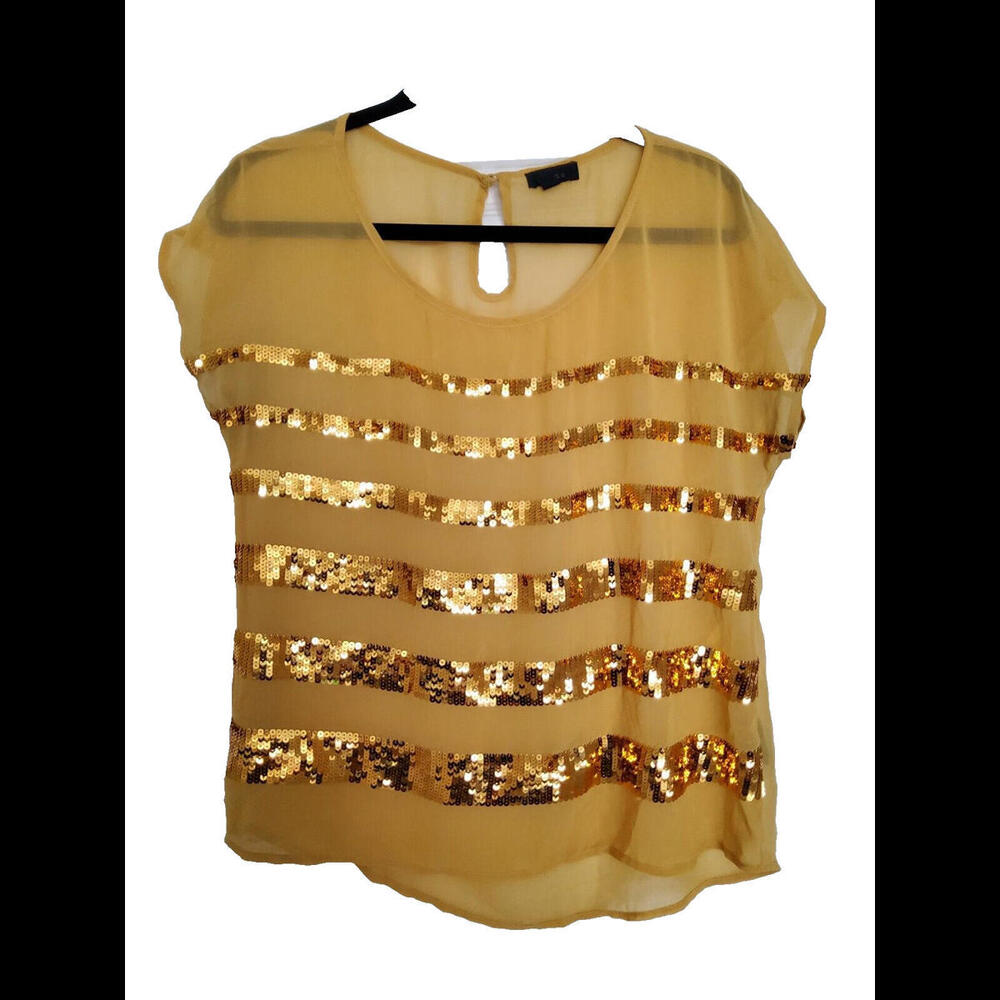 Mine Yellow Ladies Sequin Stripe Blouse Sheer Shortsleeve Button Back Medium